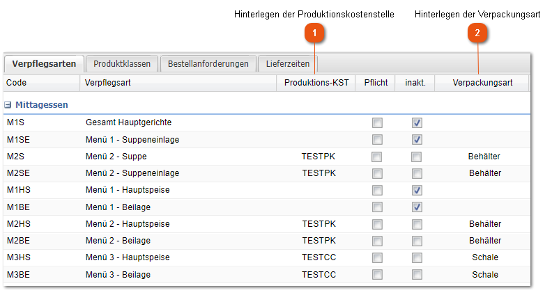 Hinterlegen von Produktionskostenstelle und Verpackunsart