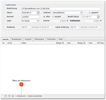 Arbeiten mit "Artikelsuche" 