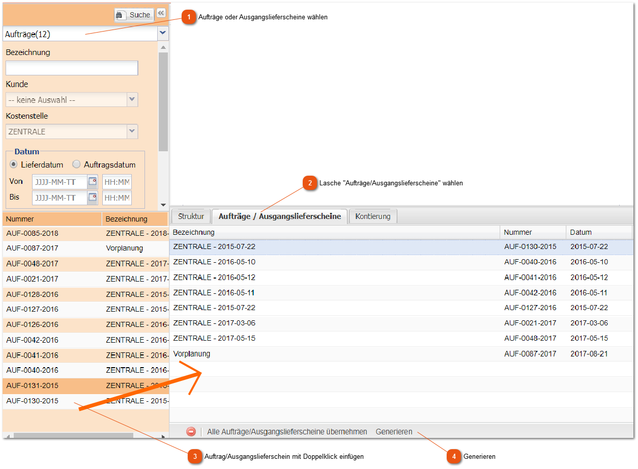 Aufträge/Ausgangslieferscheine befüllen