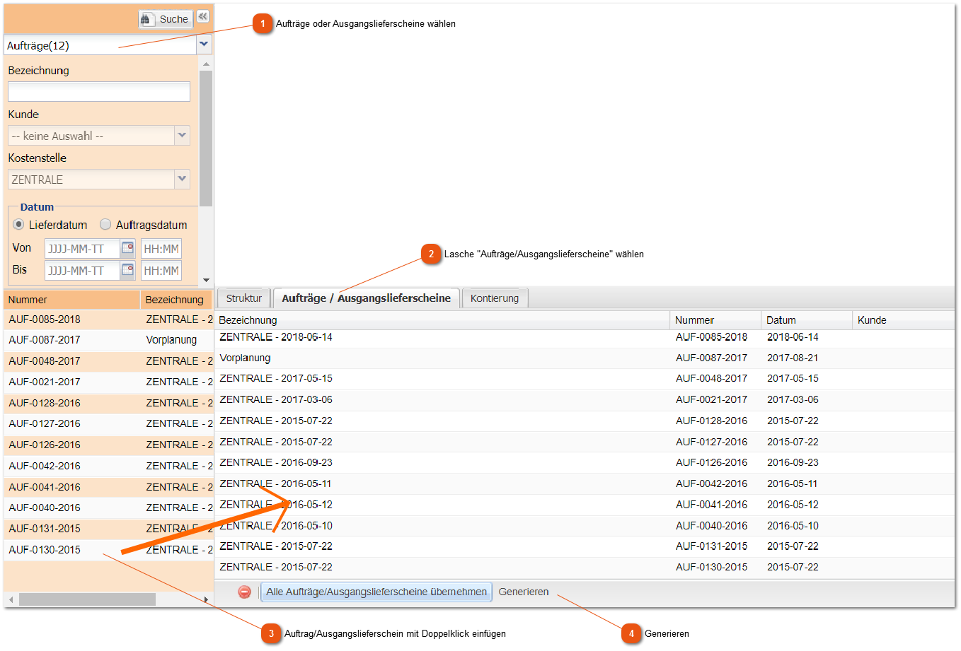 Aufträge/Ausgangslieferscheine befüllen
