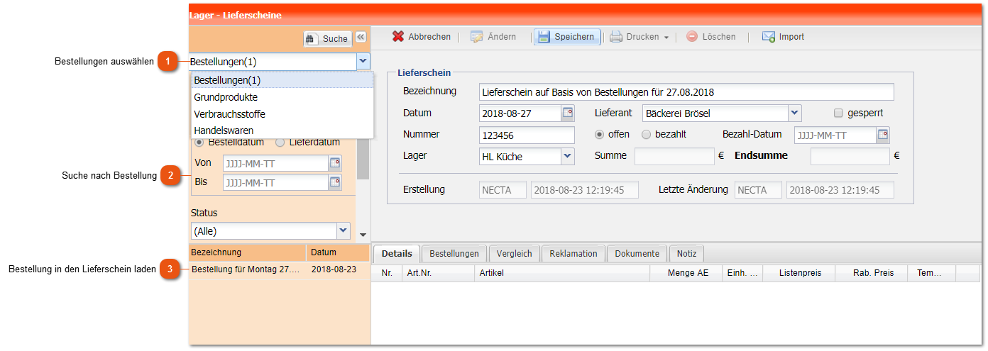 Lieferscheine auf Basis von Bestellungen